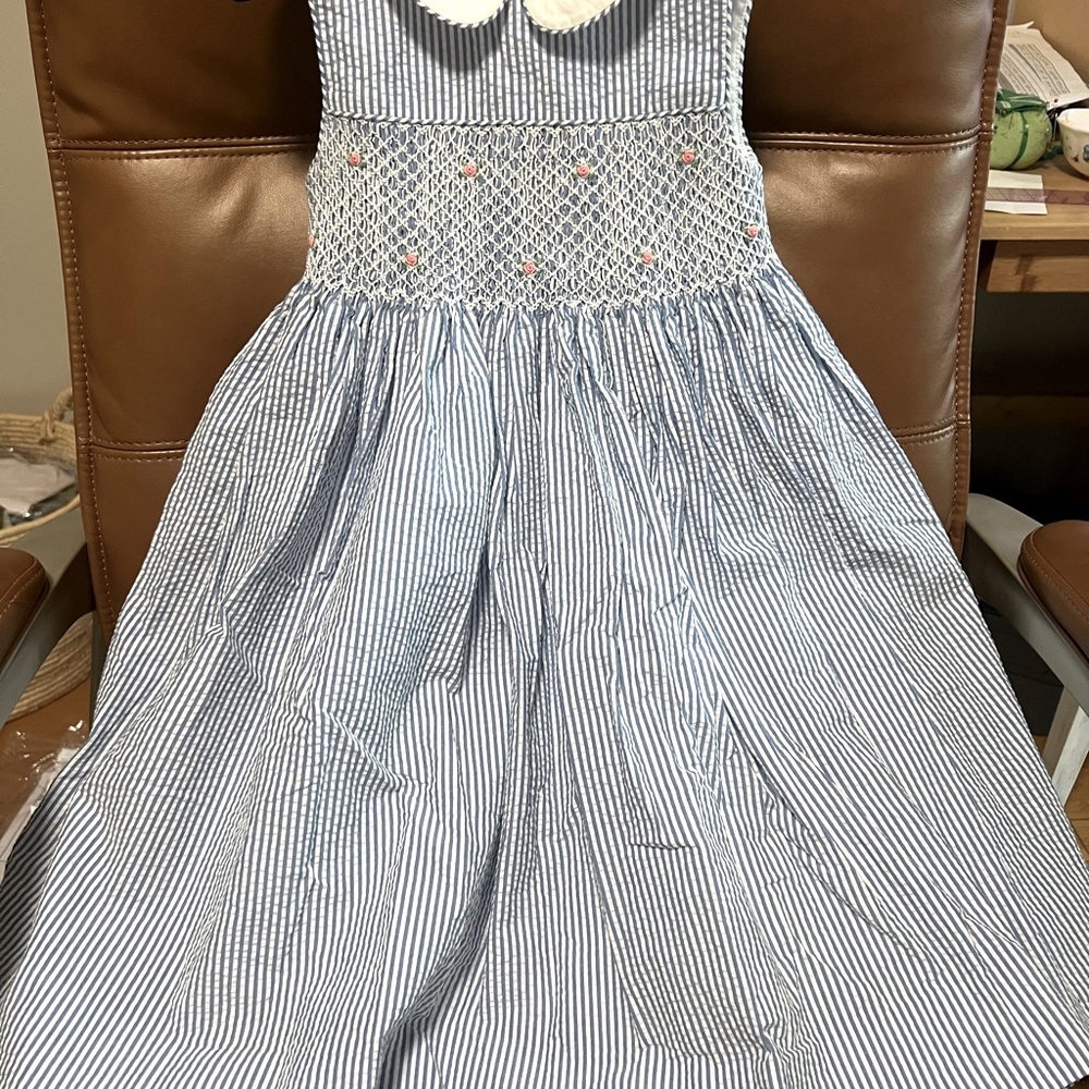 Ralph Lauren Blue and White Sleeveless Smocked Dress  with Peter Pan Collar